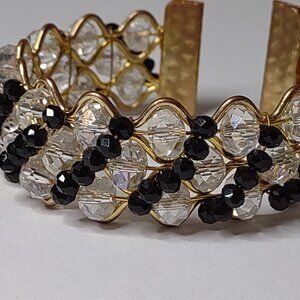 7 Inch Black And Clear Glass Bead Vintage Cuff Bracelet